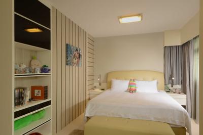 Upper Serangoon Crescent, The Orange Cube, Contemporary, Bedroom, HDB, Bed Bed Frame, Bookshelf, Curtains, Shelf, Indoors, Interior Design, Room