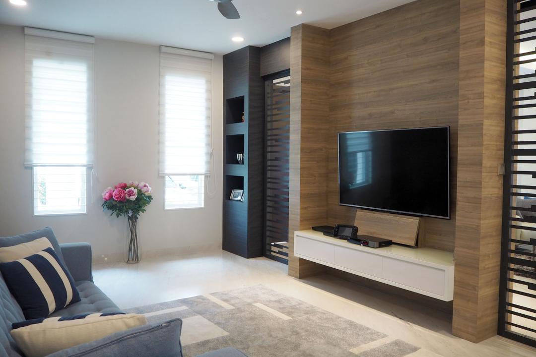 Ara Damansara, Meridian Interior Design, Living Room, Landed, Couch, Furniture, Electronics, Monitor, Screen, Tv, Television, Blossom, Flora, Flower, Flower Arrangement, Ornament, Plant