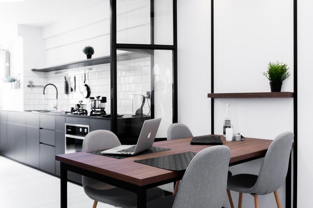 Ang Mo Kio Avenue 3, Happe Design Atelier, Minimalist, Dining Room, HDB, Chair, Furniture, Computer, Electronics, Laptop, Pc, Sink, Dining Table, Table
