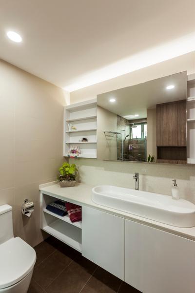 Merah Woods, The Interior Lab, Transitional, Bathroom, Condo, White Kitchen Cabinets, Toiletry, Sink, Tap, Mirror, Sliding Cabinet, Cove Light, Downlights, Downlight, Tiles, Indoors, Interior Design, Room