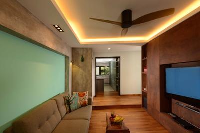 Bukit Batok East, G'Plan Design, Contemporary, Living Room, HDB, Wood, Mint, Wood Accent, Laminates, Mini Ceiling Fan, Sofa, Brown Coffee Table, Wood Bench, Track Lightings, Concealed Lighting