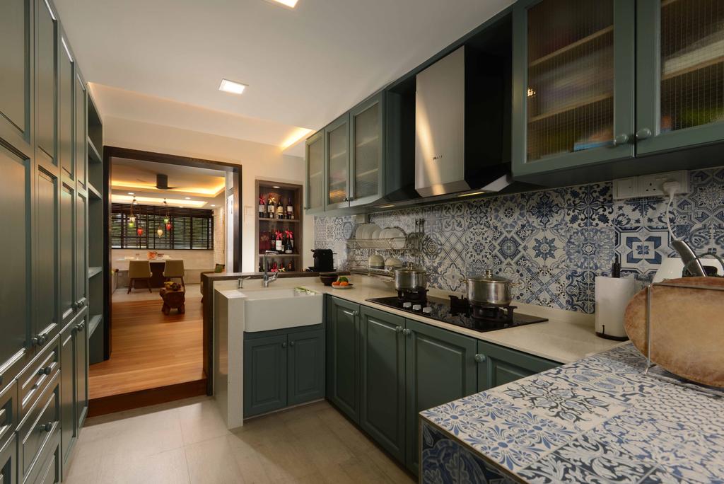 Contemporary, HDB, Kitchen, Bukit Batok East, Interior Designer, G'Plan Design, Peranakan Tiles, Patterned Tiles, Green Cabinet, White Kitchen Cabinets, White Sink Countertop