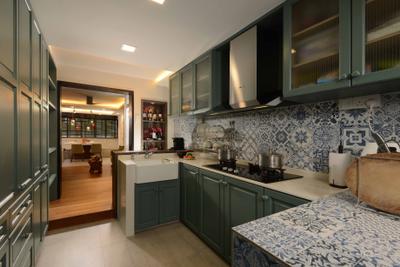 Bukit Batok East, G'Plan Design, Contemporary, Kitchen, HDB, Peranakan Tiles, Patterned Tiles, Green Cabinet, White Kitchen Cabinets, White Sink Countertop