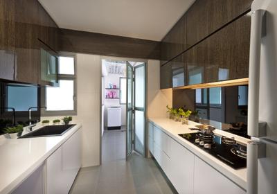 Punggol Drive, D5 Studio Image, Transitional, Kitchen, HDB, White Kitchen Cabinets, Tiles, Solid Counter, Surface, Gloss Surface, Indoors, Interior Design, Room