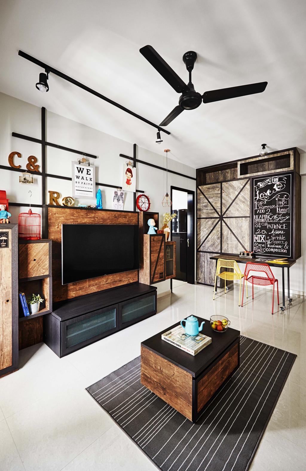 Industrial, Condo, Living Room, Arc @ Tampines, Interior Designer, Dan's Workshop, Carpet, Brown Coffee Table, Tv Feature Wall, Tv, Tv Console, White Kitchen Cabinets, Wood Feel, Laminated, Chairs, Mini Ceiling Fan, Black Track Lights, Decorative Items, Feature Wall, Blackboard