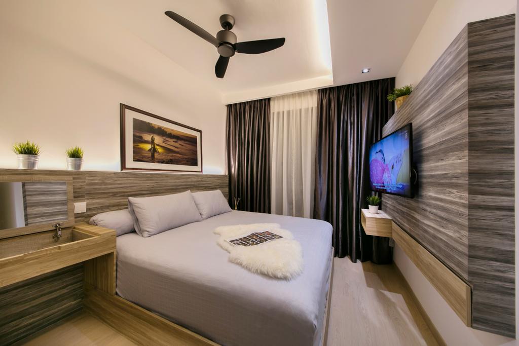 Scandinavian, Condo, Bedroom, Riversound (Block 9), Interior Designer, Starry Homestead, Mini Ceiling Fan, Cove Light, Bed, Bed Frame, Side Tale, Tv, Tv Feature Wall, Curtains, Feature Wall, Furniture, Indoors, Interior Design
