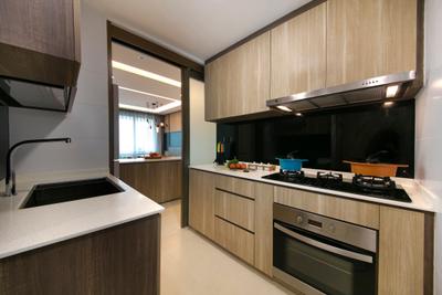 Bedok Reservoir Road, Starry Homestead, Modern, Kitchen, Condo, Solid Top, Oven, Tiles, Glass Backing, Sliding Door, Open Kitchen, Hood, Stove, White Kitchen Cabinets, Drawers, Indoors, Interior Design, Room, Appliance, Electrical Device