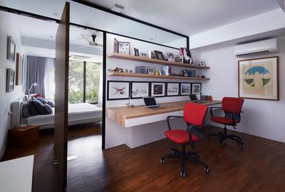 Hacienda, PROVOLK ARCHITECTS, Contemporary, Bedroom, Condo, Swivel Door, Rotating Door, Office Chair, Work Desk, Work Space, Walkway, Corridor, Wall Art, Wall Shelves, Partition, Half Hack, Privacy, Semi Privacy, Chair, Furniture, Couch