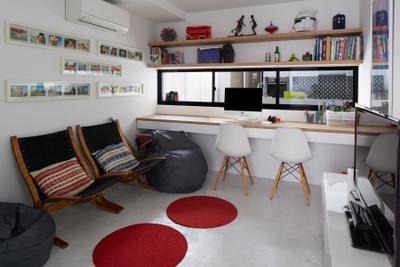 Hacienda, PROVOLK ARCHITECTS, Contemporary, Study, Condo, Armchair, Bench, Photoframes, Wall Art, Eames Chair, Study Room, Workspace, Work Desk, Wooden Table, Legless Table, White, Bookshelf, Bookshelves, Book Display, Storage, Chair, Furniture, Indoors, Room, HDB, Building, Housing