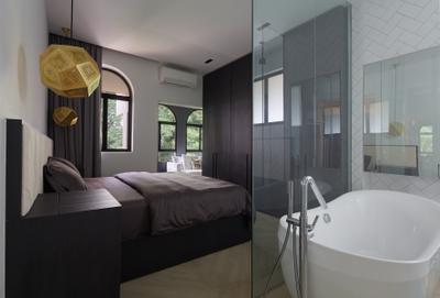 Spanish Village, PROVOLK ARCHITECTS, , Bathroom, , Bathtub, Glass Wall, Glass Partition, See Through, Pendant Lamp, Bedside Lamp, Bed, Dark Colour, Arch Windows, Curved Windows, Dark Colours, Dark, Furniture, Tile, Indoors, Interior Design, Room