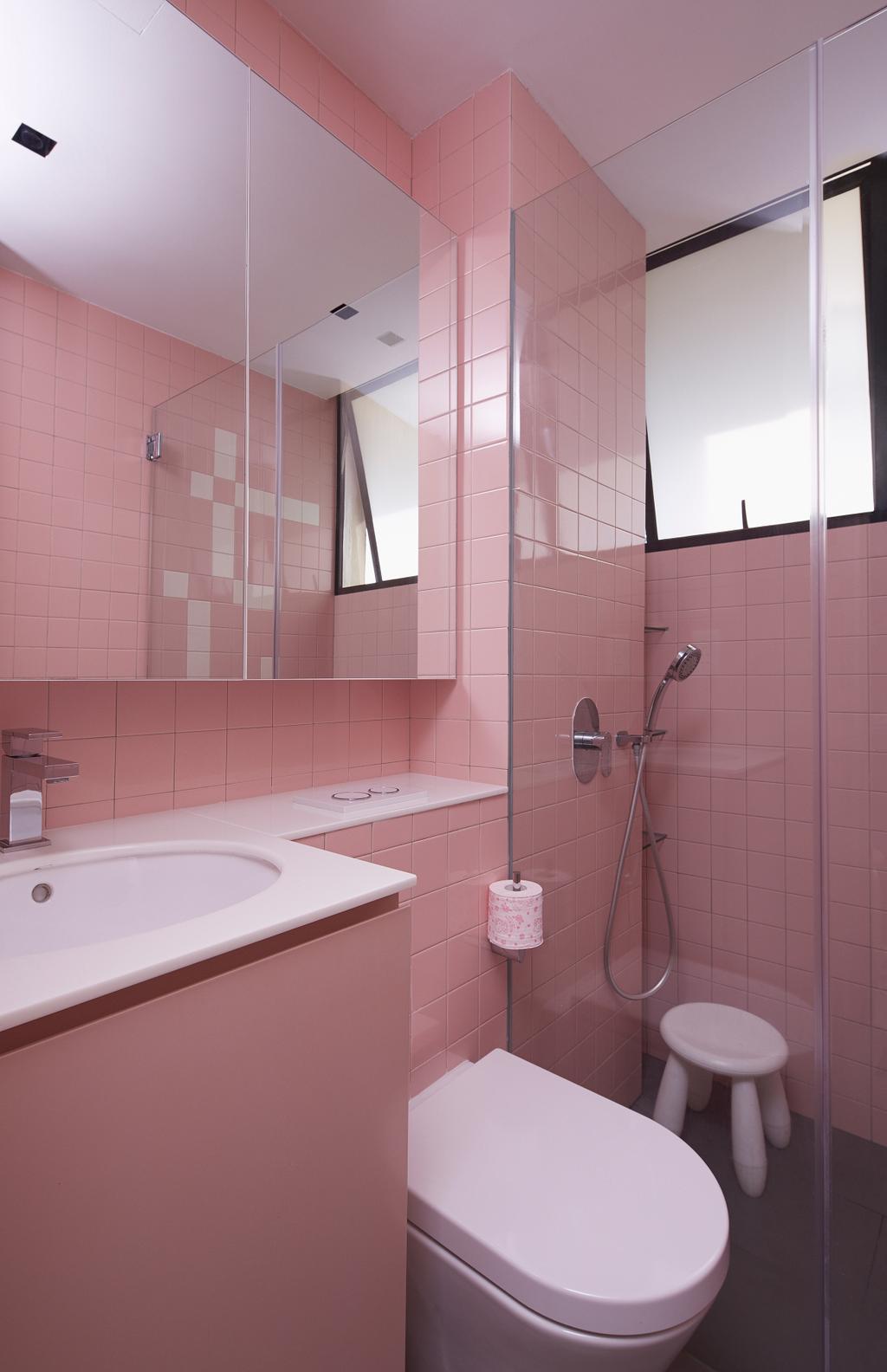 Modern, Condo, Bathroom, Spanish Village, Architect, PROVOLK ARCHITECTS, Pink, Pink Tiles, Pink And White, Vanity, Sink, Kids Bathroom, Girls, Indoors, Interior Design, Room