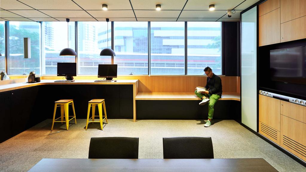 One Commonwealth, Commercial, Architect, PROVOLK ARCHITECTS, Modern, Bench, Conference Room, View, Bar, Pantry, Tv, Bar Stool, Furniture, Human, People, Person, Flooring, Indoors, Meeting Room, Room