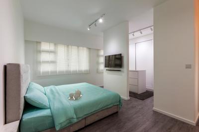 Compassvale Crescent (Block 293), The Interior Lab, Minimalist, Bedroom, HDB, Turquoise, Blue, Tiffany Blue, High Headboard, White, Clean, Simple, Girly, Girlish, Partition, Black Track Lights, Track Lighting, Blinds, Venetian Blinds, Indoors, Interior Design, Room