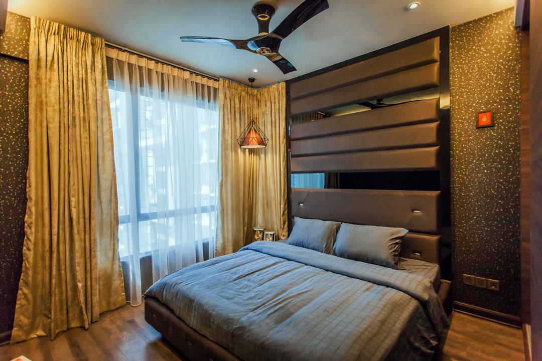 Wellesley Residences, Zeng Interior Design Space, Contemporary, Bedroom, Condo, Curtain, Feature Wall, Wallpaper, Headboard, Bed, Luxe, Elegant, Ceiling Fan, Hanging Lamp, Pendant Lamp, Indoors, Interior Design, Room, Home Decor, Furniture, Chair