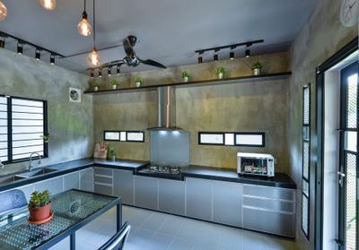 Lake Fields, Spazio Design Sdn Bhd, Industrial, Kitchen, Landed, Exhaust Hood, Mini Ceiling Fan, Pendant Lamp, Hanging Lamp, Kitchen Cabinets, Cabinetry, Cement Screed Tiles, Black Track Lights, Track Lighting, Grilles, Light Fixture, Flora, Jar, Plant, Potted Plant, Pottery, Vase