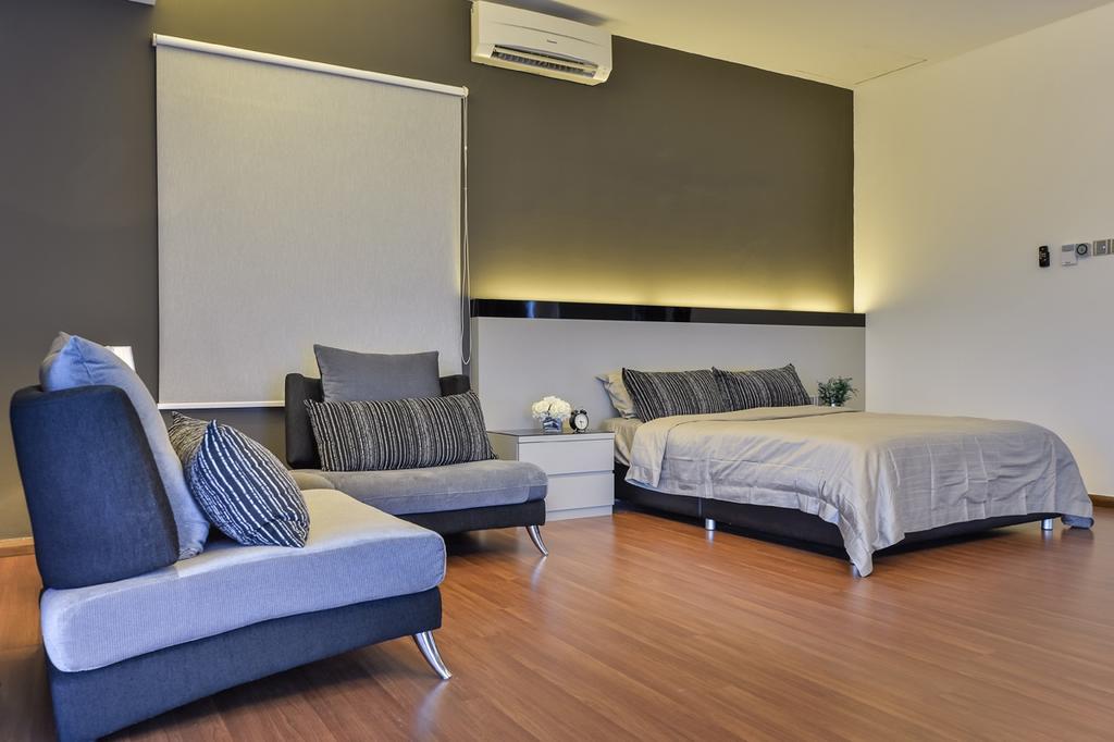 Industrial, Landed, Bedroom, Lake Fields, Interior Designer, Spazio Design Sdn Bhd, Blinds, Sofa, Couch, Pillow, Bed, Concealed Lighting, Grey, Furniture, Chair, Indoors, Interior Design, Room