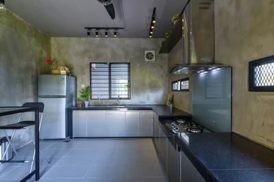 Lake Fields, Spazio Design Sdn Bhd, Industrial, Kitchen, Landed, Black Track Lights, Track Lighting, Refrigerator, Cement Screed Tiles, Exhaust Hood, Kitchen Countertop, Appliance, Electrical Device, Oven, Window, Chair, Furniture, Flora, Jar, Plant, Planter, Potted Plant, Pottery, Vase