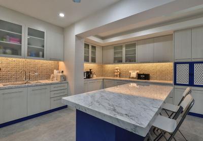 Rafflesia, Spazio Design Sdn Bhd, Contemporary, Kitchen, Landed, Kitchen Island, Kitchen Cabinets, Cabinetry, Marble, Backsplash, Concealed Lighting, Blue, Marble Countertop, Chair, Furniture