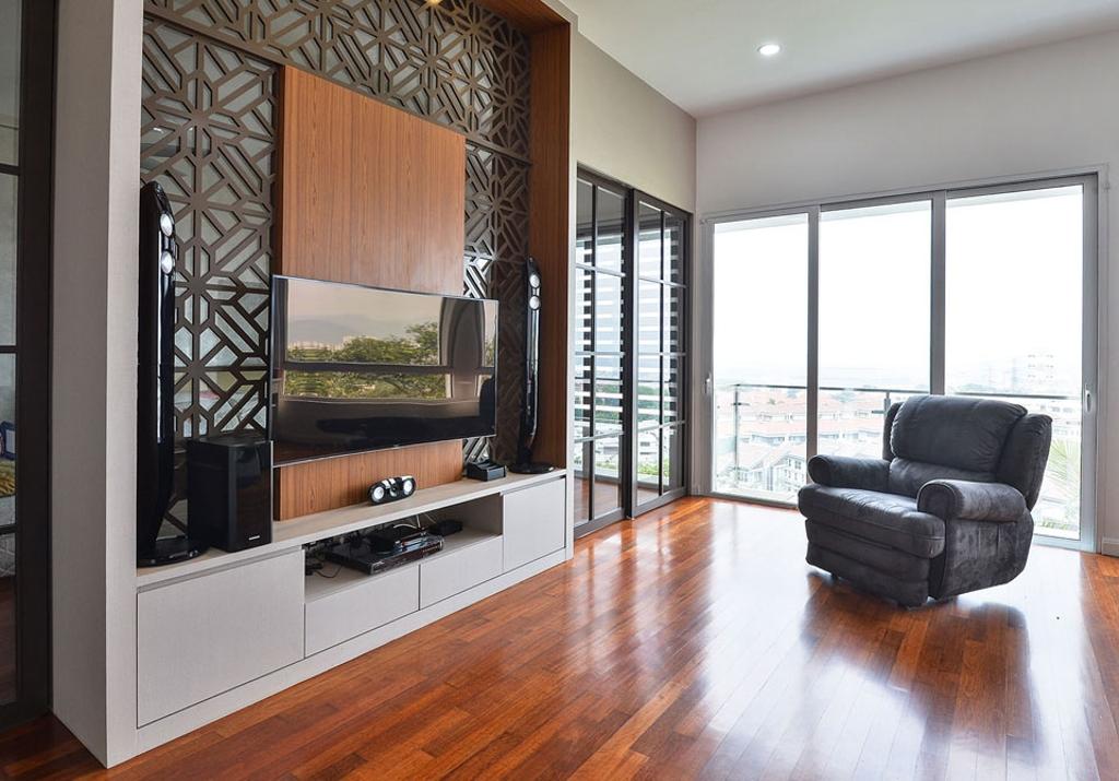 Contemporary, Landed, Living Room, Rafflesia, Interior Designer, Spazio Design Sdn Bhd, Armchair, Tv Feature Wall, Tv Console, Tv Cabinet, Oriental, Partition, Parquet, Wooden Flooring, Wood Floor, Feature Wall, Hardwood, Wood, Chair, Furniture