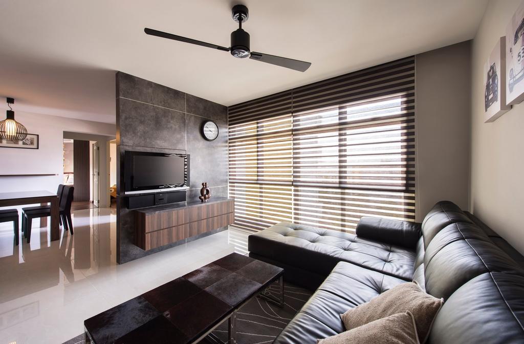 Modern, HDB, Living Room, Clementi Avenue, Interior Designer, D5 Studio Image, Blinds, Sofa, Mini Ceiling Fan, Tv Feature Wall, Tv Console, Tiles, Brown Coffee Table, L Shaped Sofa, Dark, Black, Two Blade Fan, Feature Wall, Dining Table, Furniture, Table, Couch, Indoors, Room