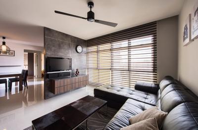 Clementi Avenue, D5 Studio Image, Modern, Living Room, HDB, Blinds, Sofa, Mini Ceiling Fan, Tv Feature Wall, Tv Console, Tiles, Brown Coffee Table, L Shaped Sofa, Dark, Black, Two Blade Fan, Feature Wall, Dining Table, Furniture, Table, Couch, Indoors, Room