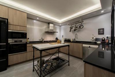 Jurong West, Third Avenue Studio, Contemporary, Kitchen, HDB, Kitchen Island, Counter, Black Counter, White Sink Countertop, Pots Rack, Rack, Stove, Oven, Fridge, Brown, Woody, Dark, Kitchen Work Space, Indoors, Interior Design, Room, Appliance, Electrical Device