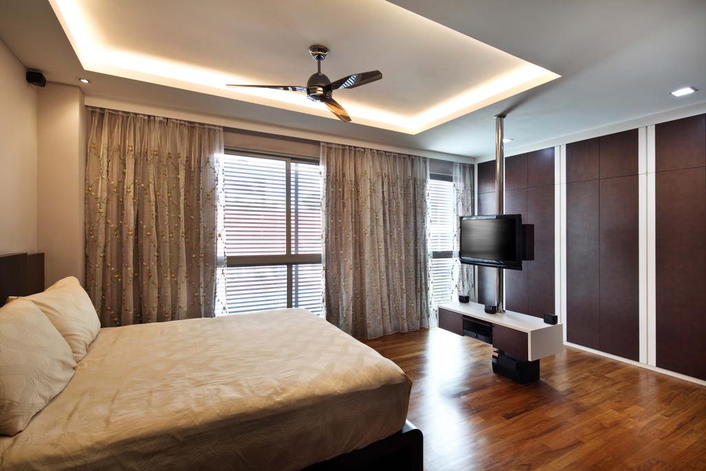 Traditional, Landed, Bedroom, Siang Kuang, Interior Designer, Yonder, Cove Light, Mini Ceiling Fan, Curtains, Tv, Tv Console, Wood Wardrobe, Parquet, Flooring, Indoors, Interior Design, Room