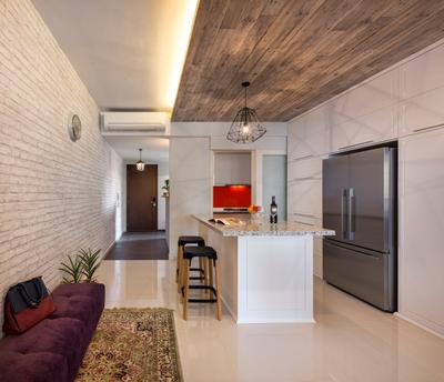 The Minton, Ciseern, Modern, Kitchen, Condo, Dry Kitchen, Fridge, Carpet, Sofa Bench, Stool, Red Brick Wall, Wood Ceiling, Cove Light, Hanging Light, Aircon, Tiles, Bar Stool, Furniture, Flora, Jar, Plant, Potted Plant, Pottery, Vase, Indoors, Interior Design