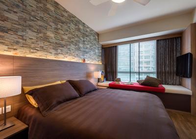 The Minton, Ciseern, Modern, Bedroom, Condo, Textured Wall, Red Brick Wall, Wood Bed Frame, Bed, Bed Frame, Bay Window, Curtains, Side Lights, Bedside Light, Blinds, Cushions, Tv, Lamp, Table Lamp, Indoors, Interior Design, Room