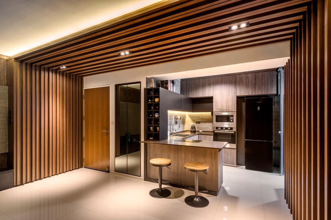 Punggol Waterway Terraces, Ciseern, Contemporary, Dining Room, HDB, Wood, Wood Ceiling, Partition, Tiles, Bar, Bar Stool, Dry Kitchen, Indoors, Interior Design, Kitchen, Room