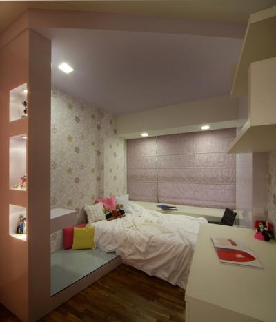 Calrose, Yonder, Transitional, Bedroom, Condo, Study Desk, Shelving, Bed, Wall Paper, Partition, Display, Downlight, Blinds, Parquet, Molding, Indoors, Interior Design, Room