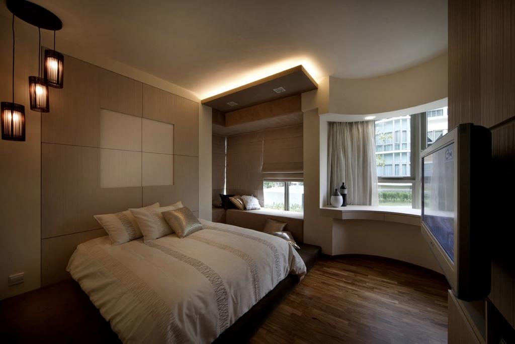 Modern, Condo, Bedroom, Calrose 2, Interior Designer, Yonder, Cove Light, Bay Window, Bed, Hanging Light, Parquet, Blinds, Tv, Tv Feature Wall, Feature Wall, Furniture, Indoors, Room, Interior Design