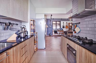 Fernvale Street, Fuse Concept, Industrial, Kitchen, HDB, Laminates, White Kitchen Cabinets, Drawers, Granite, Tiles, Oven, Wall Tile, Stove, Hood, Indoors, Interior Design, Room