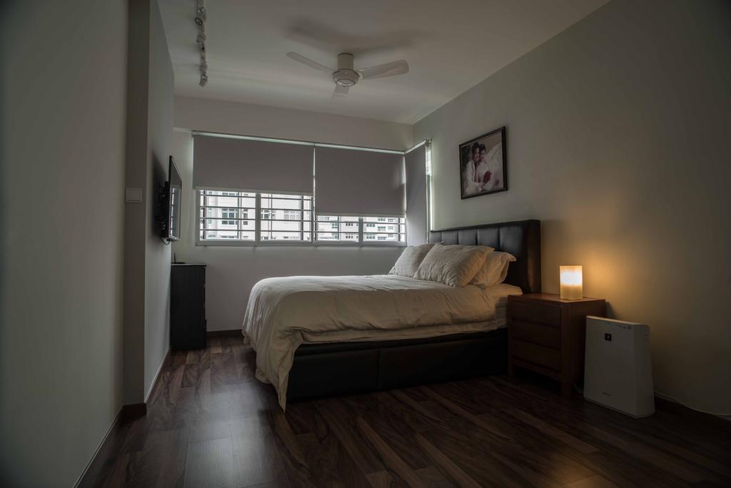 Contemporary, HDB, Bedroom, Punggol Place, Interior Designer, Schemacraft, Mini Ceiling Fan, Blinds, Wood Floor, Tv, Headboard, Bed Frame, Bedside Light, Couch, Furniture, Building, Housing, Indoors, Loft, Interior Design, Room, Electronics, Entertainment Center, Home Theater