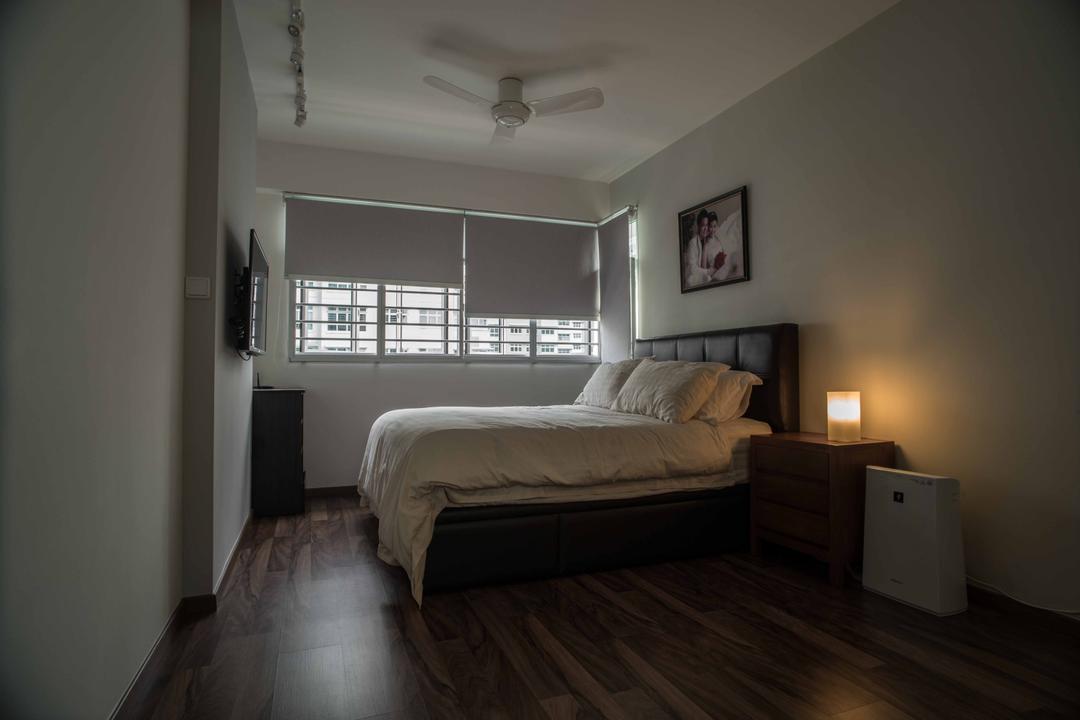 Punggol Place, Schemacraft, Contemporary, Bedroom, HDB, Mini Ceiling Fan, Blinds, Wood Floor, Tv, Headboard, Bed Frame, Bedside Light, Couch, Furniture, Building, Housing, Indoors, Loft, Interior Design, Room, Electronics, Entertainment Center, Home Theater