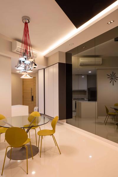 D'Leedon, Schemacraft, Minimalist, Dining Room, Condo, Round Table, Dining Table, Dining Chairs, Tiles, Cove Light, Hanging Light, White Kitchen Cabinets, Tinted Mirror, Indoors, Interior Design, Room, Furniture, Table