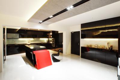 Chua Chu Kang (Block 420), Metamorph Design, Modern, Dining Room, HDB, Dining Table, Dining Room Chairs, Chairs, Red, Black, Kitchen Cabinets, Cabinetry, False Ceiling, Indoors, Interior Design