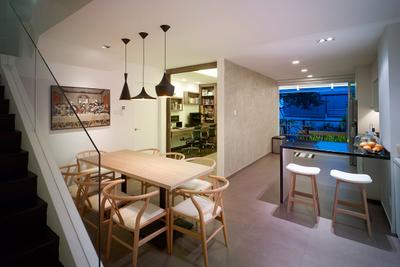 Ceylon Road, The Design Abode, Contemporary, Dining Room, Landed, Dining Table, Bar Table, Bar Stool, Hanging Lights, Dining Light, Downlight, Tiles, Study Room, Chair, Furniture, Banister, Handrail, Staircase, Indoors, Interior Design, Room, Table, HDB, Building, Housing