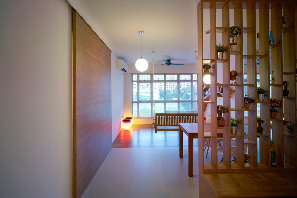 Transitional, HDB, Dining Room, Compassvale Lane, Interior Designer, The Design Abode, Wood Wall, Partition, Hanging Light, Mini Ceiling Fan, Wooden Table, Dining Table, Furniture, Table, Indoors, Interior Design, Room