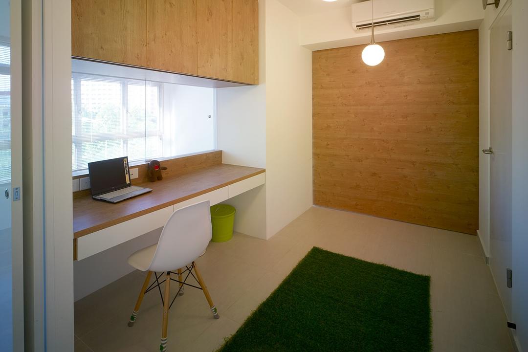 Compassvale Lane, The Design Abode, Transitional, Study, HDB, Shelving, Study Desk, Chair, Grass Carpet, Wood Wall, Hanging Ight, Furniture, Building, Housing, Indoors