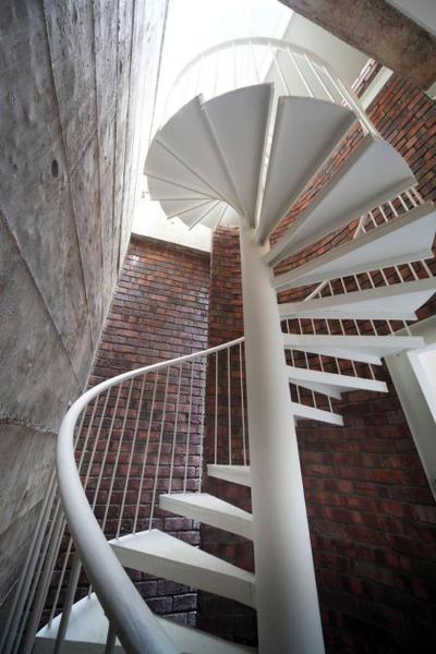 Neil Road Shophouse, The Design Abode, Traditional, Landed, Staircase, Spiral Staircase, Red Brick Wall, Banister, Handrail