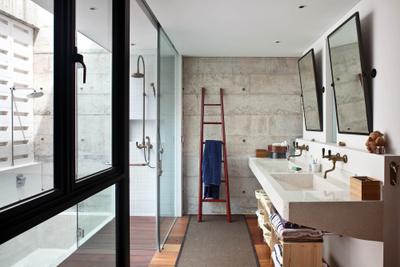 Neil Road Shophouse, The Design Abode, Traditional, Bathroom, Landed, Towel Rack, Staircase, Bathroom Vanity, Mirror, Double Sink, Bright, Natural Light, Shower Screen, Shower Head, Open, Outdoor