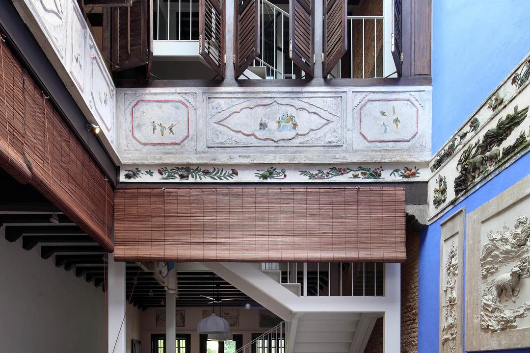 Neil Road Shophouse, The Design Abode, Traditional, Living Room, Landed, Blinds, Oriental, Antique, Blue, Tiles, Wall Decor, Home Decor, Exotic, Windows, Peranakan, Awning, Canopy, Balcony, Curtain, Shutter, Window, Window Shade