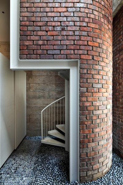 Neil Road Shophouse, The Design Abode, Traditional, Landed, Red Brick Wall, Staircase, Stairs, Spiral Staircase, Brick, Banister, Handrail