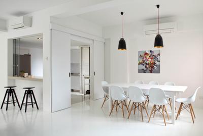 Highland Condominium, The Design Abode, Minimalist, Dining Room, Condo, Dining Table, Dining Room Chair, Pendant Light, Clean, White, Painting, Chairs, Eames Chair, Bar Stool, Hanging Light, Stools, Chair, Furniture, Table, Indoors, Interior Design, Room