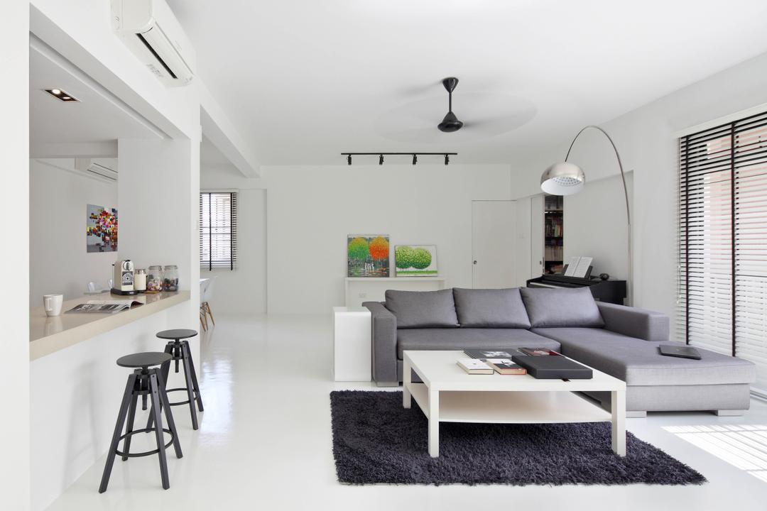 Highland Condominium, The Design Abode, Minimalist, Living Room, Condo, White, Clean, Simple, Coffee Table, Sofa, Couch, L Shape Sofa, Stand Lamp, Ceiling Fan, Stool, Bar Stools, Furniture, Bar Stool, Indoors, Interior Design, Room
