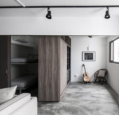 Marine Terrace, The Design Abode, Industrial, Living Room, HDB, Hidden, Partition, Bed, Black Track Lights, Track Lightings, Cement Screed Tiles, Guitar, Music, Chair, Pillow, Cushion, Wall Art, Wall Decor, Painting, Bedroom, Indoors, Interior Design, Room