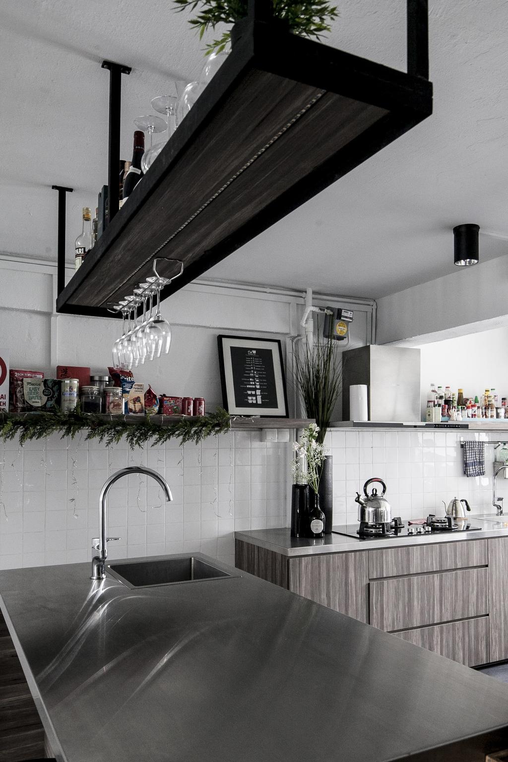 Industrial, HDB, Kitchen, Marine Terrace, Interior Designer, The Design Abode, Home Decor, Kitchen Cabinets, Metal, White Sink Countertop, Cabinetry, Hanging Rack, Kitchen Countertop, Grey, Flora, Jar, Plant, Potted Plant, Pottery, Vase, Building, Housing, Indoors, Loft, Plaque