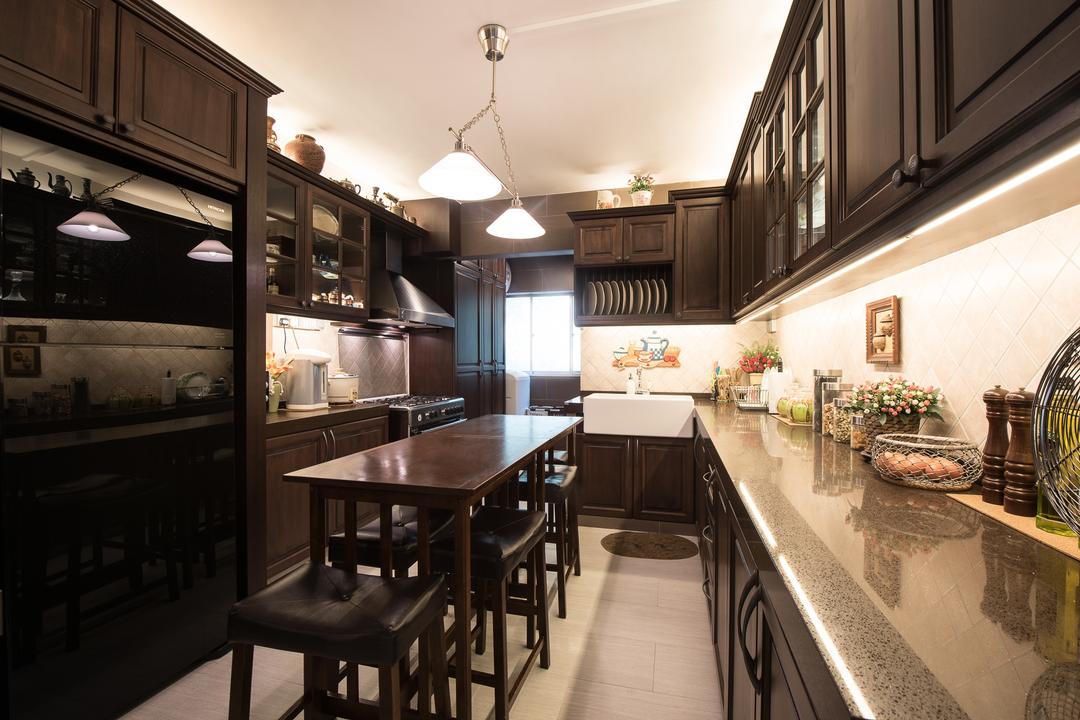 Woodlands Street 41 (Block 418), Fatema Design Studio, Traditional, Kitchen, HDB, Country Styles, Island Table, Stool, Sink, Hood, Hanging Lights, Fridge, Chair, Furniture, Dining Table, Table, Cafe, Restaurant, Dining Room, Indoors, Interior Design, Room
