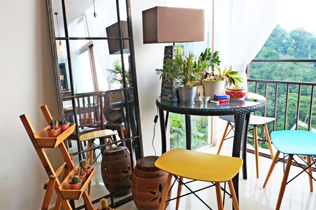 Ukay Heights, Interior+ Design Sdn. Bhd., Eclectic, Balcony, Condo, Quirky, Cute, Fun, Colourful, Colours, Plants, Nature, Mirror, Floor Mirror, Stand Lamp, Yellow, Blue, Chair, Furniture, Flora, Jar, Plant, Planter, Potted Plant, Pottery, Vase, Dining Room, Indoors, Interior Design, Room